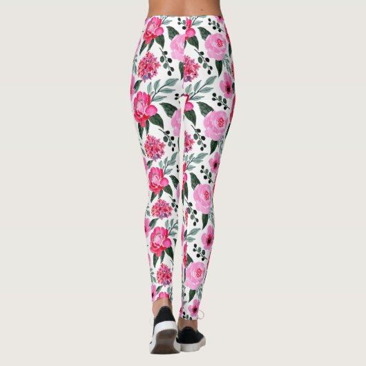  winterrood roze Floral Waterverf Patroon Leggings (Achterkant)