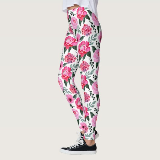 winterrood roze Floral Waterverf Patroon Leggings (Links)