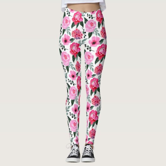 winterrood roze Floral Waterverf Patroon Leggings (Voorkant)