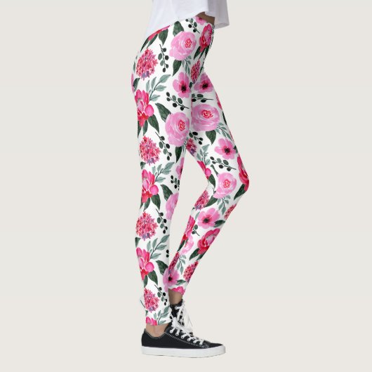 winterrood roze Floral Waterverf Patroon Leggings (Rechts)