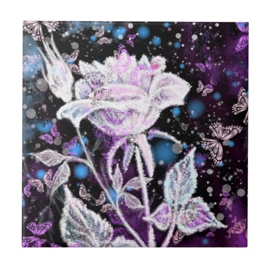 WinterRoos en vlinders Keramische Tegel Tegeltje (Voorkant)