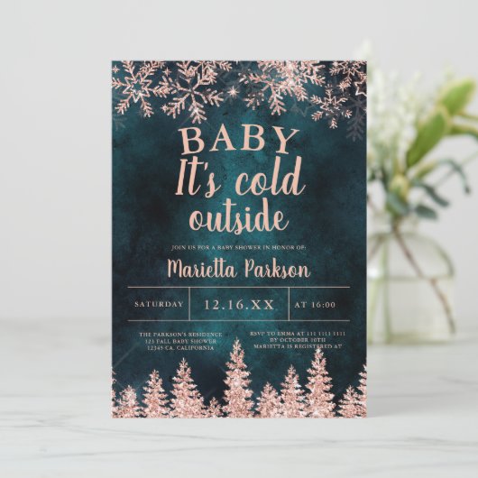 Winterroos gouden sneeuw baby shower kaart (Staand voorkant)