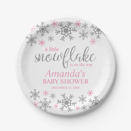 Winterroze Baby shower Snowflake Papieren Bordje (Voorkant)