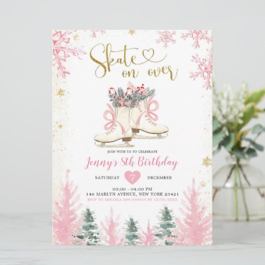 Winterroze en goudmeisjes Ice Skating Birthday Kaart (Staand voorkant)