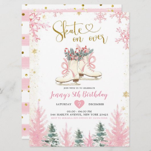 Winterroze en goudmeisjes Ice Skating Birthday Kaart (Voorkant / Achterkant)