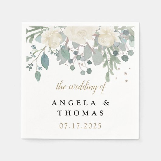 Winterrozen Witte Gouden Bloemen Bruiloft Servet (Voorkant)