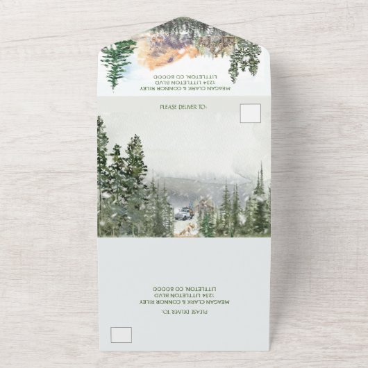 Winterrustieke schuur in Bossen Alles in één bruil All In One Uitnodiging (Buitenkant)