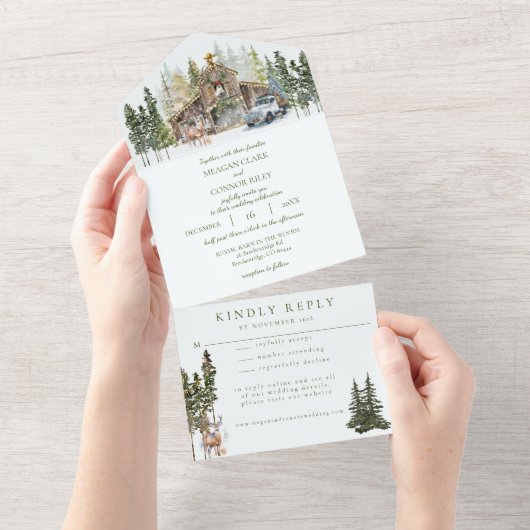 Winterrustieke schuur in Bossen Alles in één bruil All In One Uitnodiging (Afscheurbaar)