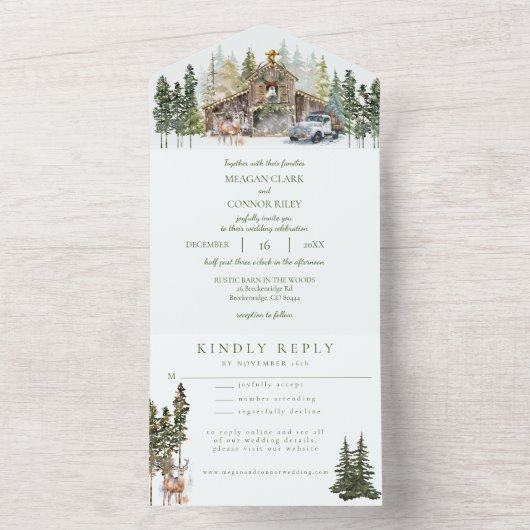 Winterrustieke schuur in Bossen Alles in één bruil All In One Uitnodiging (Binnen)