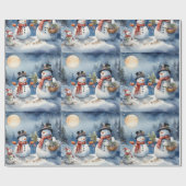 Winter's avond sneeuwpopfamilie. Vakantie sneeuwpo Cadeaupapier (Vlak)