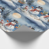 Winter's avond sneeuwpopfamilie. Vakantie sneeuwpo Cadeaupapier (Hoek)