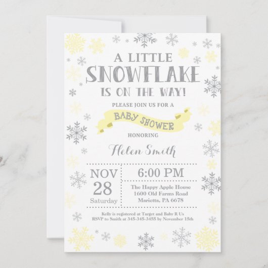 Winters baby shower uitnodiging Geel Sneeuwvlok (Voorkant)