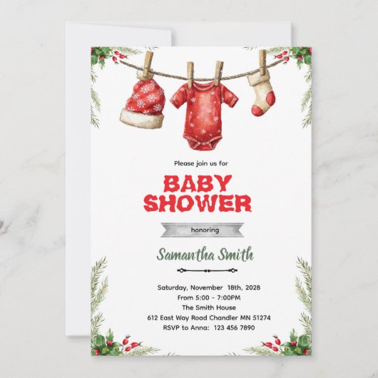 Winters baby shower uitnodiging met kerstman (Voorkant)