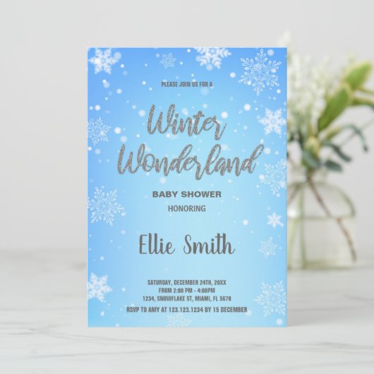 Winters baby shower uitnodigingen witte sneeuw (Staand voorkant)