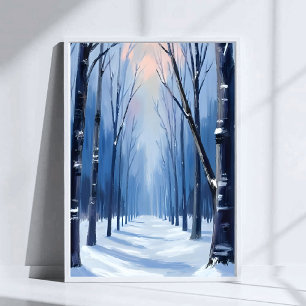 Winters bos waterverfschilderij van dennenbos poster