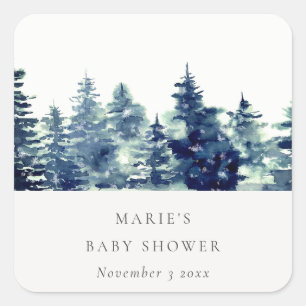 Winters dennenbos sneeuwval aquarel babyshower vierkante sticker