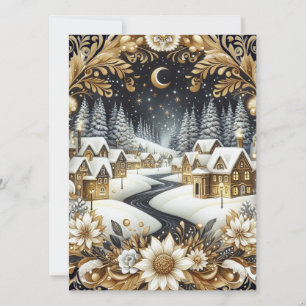 Winters dorp. Goud & Blauw.  Feestdagenkaart