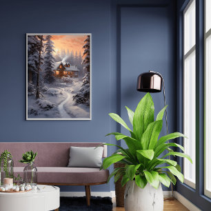 Winter's Embrace: Huis omgeven door ijs en sneeuw Poster