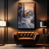 Winter's Embrace: Huis omgeven door ijs en sneeuw Poster