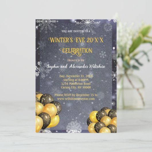Winter's Eve Gold & Black Celebration Uitnodiging (Staand voorkant)