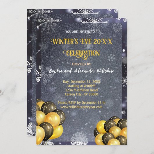 Winter's Eve Gold & Black Celebration Uitnodiging (Voorkant / Achterkant)