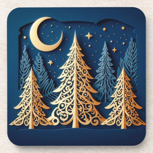 Winter's Gold Papercut – Kerstbomen Scene Bier Onderzetter (Voorkant)