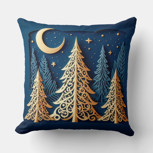 Winter's Gold Papercut – Kerstbomen Scene Kussen (Voorkant)