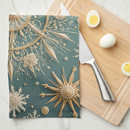 Winter's Golden Embrace: A Snowflake Serenade Theedoek (Quarter Fold)