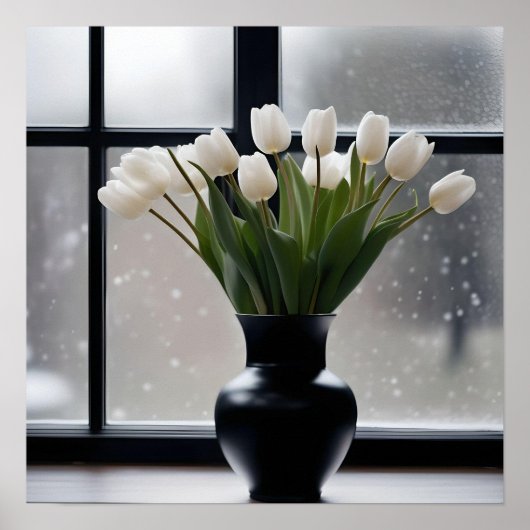 Winter's Grace: witte tulpen in een zwarte vaas Poster (Voorkant)