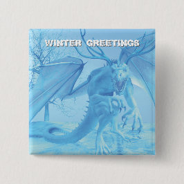 Winters groeten. IJsdraak met gewei Vierkante Button 5,1 Cm