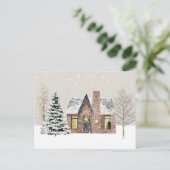 Winters huisje sneeuwval briefkaart (Staand voorkant)
