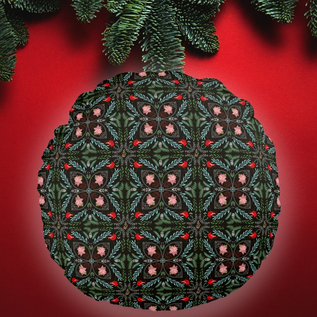 Winters Sneeuwvlokken, Poinsettia's, Kardinalen Rond Kussen (Creator heeft geüpload)