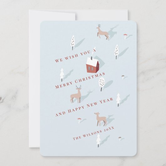 Winterscape Rood Huis & Herten Lichtblauw Kerstmis Feestdagenkaart (Voorkant)