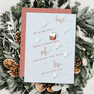 Winterscape Rood Huis & Herten Lichtblauw Kerstmis Feestdagenkaart