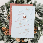 Winterscape Rood Huis & Herten Lichtblauw Kerstmis Feestdagenkaart