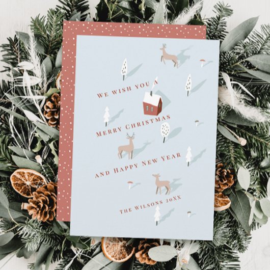 Winterscape Rood Huis & Herten Lichtblauw Kerstmis Feestdagenkaart