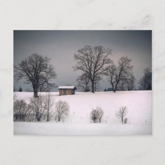 Winterscène, heuvel en bomen, hut briefkaart (Voorkant)