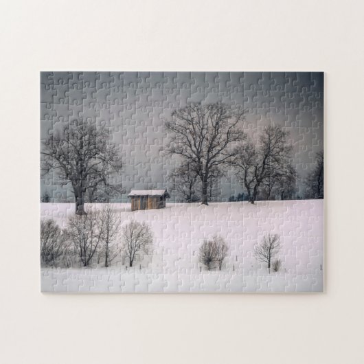 Winterscène, heuvel en bomen, hut legpuzzel (Horizontaal)