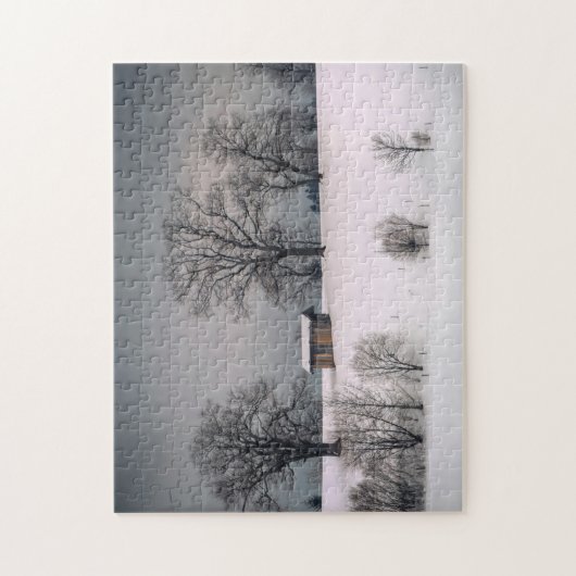 Winterscène, heuvel en bomen, hut legpuzzel (Verticaal)