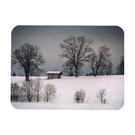 Winterscène, heuvel en bomen, hut magneet (Horizontaal)
