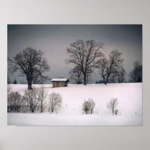 Winterscène, heuvel en bomen, hut poster