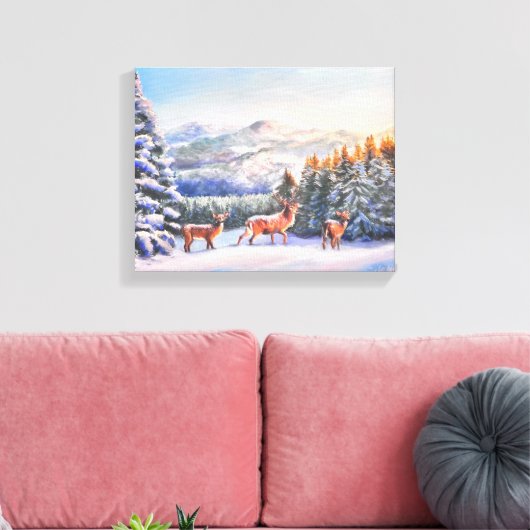 Winterscène met drie hertenprint canvas afdruk (Insitu (Woonkamer))