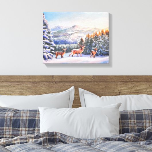 Winterscène met drie hertenprint canvas afdruk (Insitu (Slaapkamer))