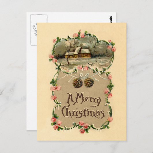  winterscène met Floral-grens Briefkaart (Voorkant / Achterkant)