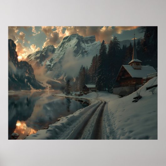 Winterscène met houten gebouwen poster (Voorkant)