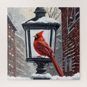 Winterscène met kardinaalvogel legpuzzel