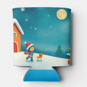 Winterscène met kind, rendier, kerstboom blikjeskoeler (Achterkant)