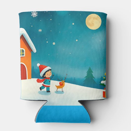 Winterscène met kind, rendier, kerstboom blikjeskoeler (Achterkant)