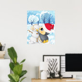 Winterscène met pinguïn en sneeuwpop poster (Thuiskantoor)