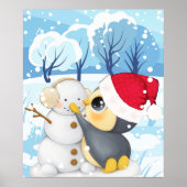 Winterscène met pinguïn en sneeuwpop poster (Voorkant)